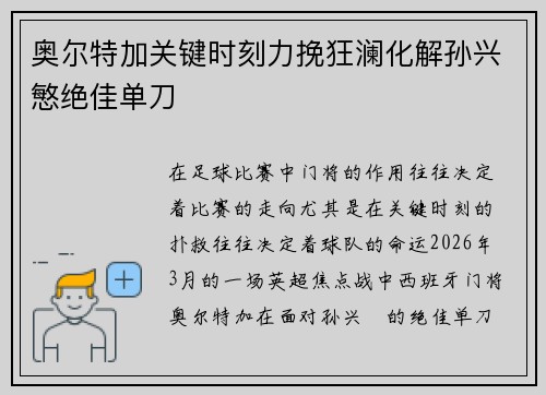 奥尔特加关键时刻力挽狂澜化解孙兴慜绝佳单刀